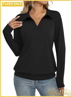 Womens Long Sleeve V Neck Polo Shirt Banded Bottom Business Casual Top